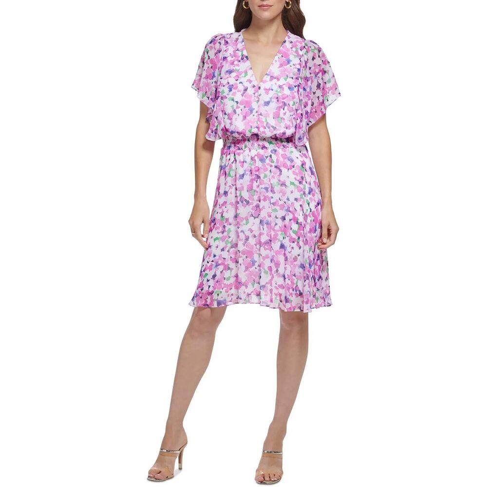 DKNY Floral Print V Neck Flutter Sleeve Cinched Waist Mini Dress - Size 8, NWOT
